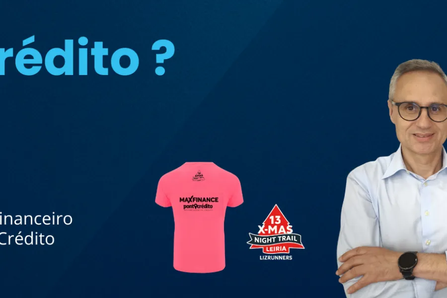 Banner dos colaboradores da Maxfinance PontoCrédito " E o teu crédito?" com logotipo da empresa parceira e camisola do evento 